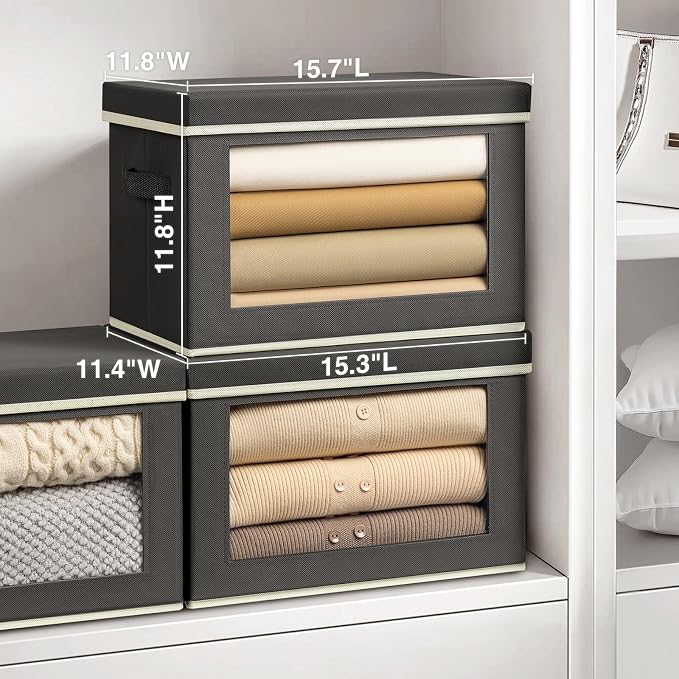 Homsorout Stackable Storage Bins with Lids - Large Storage Box with Lids, Foldable Closet Boxes for Organizing, Wardrobe Clothes Organizer with Window, Cubes Bins for Living Room, 6 Pack, Dark Grey - Image 2