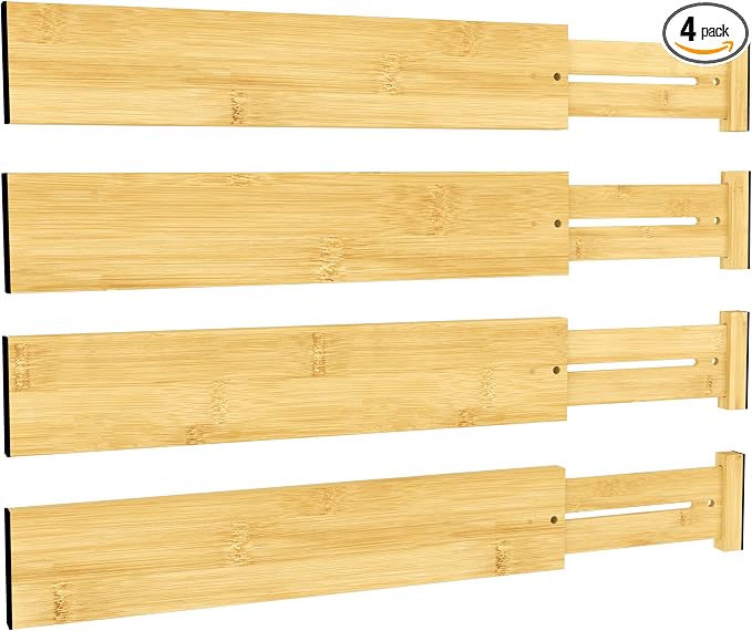 BAMEOS 3" H Large Bamboo Drawer Dividers Adjustable Drawer Organization Expandable Utensil Organizers for Kitchen Dresser Bathroom Bedroom and Office 4-pack by BAMEOS