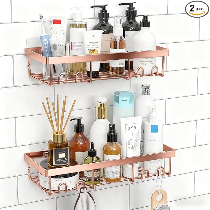 Moforoco Shower Caddy Shelf Organizer Rack, Self Adhesive Black Bathroom Shelves Basket, Home Farmhouse Wall Inside Organization and Storage Decor Rv Accessories, First Camper Apartment Essentials by MOFOROCO
