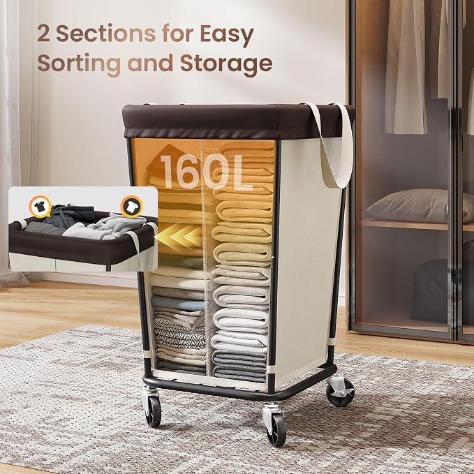 160L Laundry Basket with Wheels, 2-section Rolling Laundry Basket, Large Laundry Hamper with Wheels, Rolling Laundry Hamper Clothes Hamper for Home, Bathrooms and Dorm(Beige) - Image 4