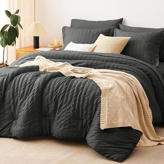 CozyLux Oversized King Comforter Set Dark Grey Seersucker 7 Pieces 120x98 Bed in a Bag Comforter Set with Sheets, Dark Gray Luxury Bedding Sets Down Alternative Comforter, Sheets, Pillowcases & Shams