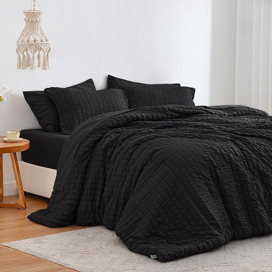 Love's cabin Seersucker Black Twin Comforter Set, 5-Piece All Season Lightweight Bed in a Bag Bedding Set with Comforter, Flat Sheet, Fitted Sheet, Pillowcase and Sham | Soft, Breathable, Lightweight
