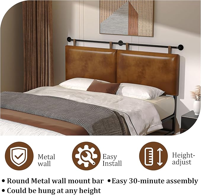 BSHOMGI King Headboard Only Wall Mount PU Leather Head Board Brown Hanging Headboards Industrial Pipe Modern Bed Backboard for Bedroom