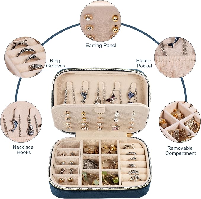 Dajasan Velvet Jewelry Travel Case, Small Travel Jewelry Box, Portable Travel Jewelry Organizer Box for Earrings Bracelets Rings Necklace (Blue) - Image 3