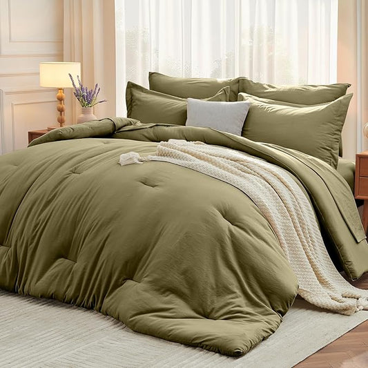 MUXHOMO 7 Pieces Queen Comforter Set, Soft Bed in a Bag Queen Size, All Season Bedding Set with Comforter, Flat Sheet, Fitted Sheet, Pillowcases & Shams, Olive Green