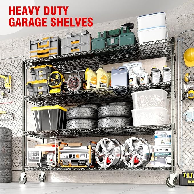 4-Tiers Storage Shelves 59" W Heavy Duty Garage Shelving Units with Adjustable Shelf and Wheels, 2640LBS Capactiy Wire Shelving Rack for Garage Pantry Kitchen Industrial - Image 4