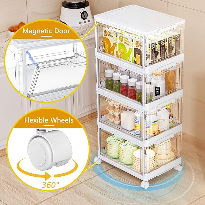 SNSLXH Portable Clear Storage Bins with Lid & Wheels, 24QT Clear Storage Bins with Lid, 4-Tier Plastic Bins with Wheels, Stackable, Magnetic Doors, for Bedroom, Living Room, Office - Image 3