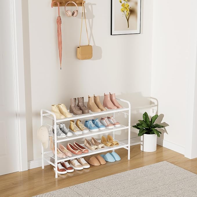 VILICK 3 Tier Shoe Rack 33" Wide Metal Shoe Organizer Long Shoe Storage with 4 Side Hooks Sturdy Shoes Shelf for Front Door Entrance, Closet, Garage, Dorm, White - Image 2