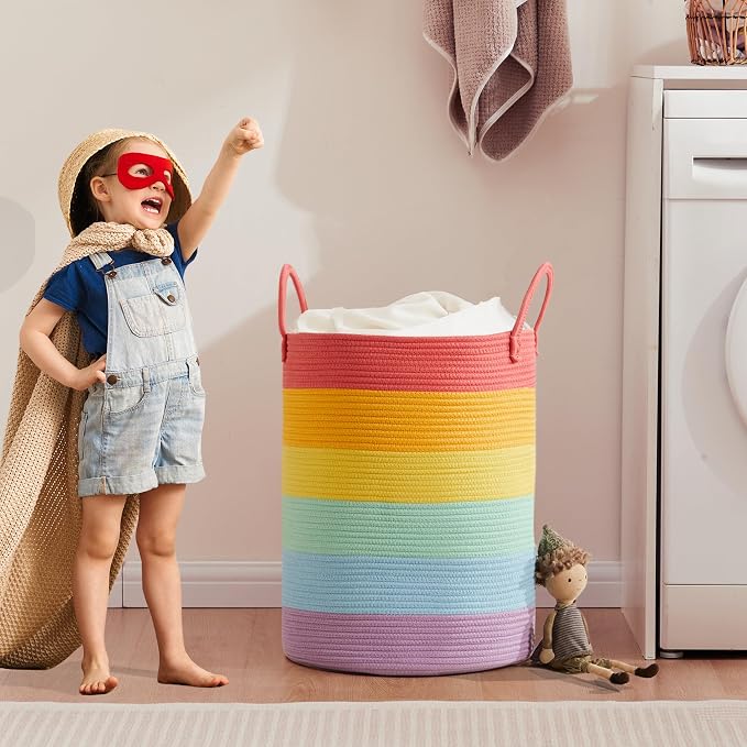 Rainbow 15"Dx20"H Baby Girls Kids Laundry Hamper Basket for Nursery Toddler Clothes Blanket Toy Storage Woven Rope Unicorn Hamper in Playroom Bedroom 60L Large - Image 6