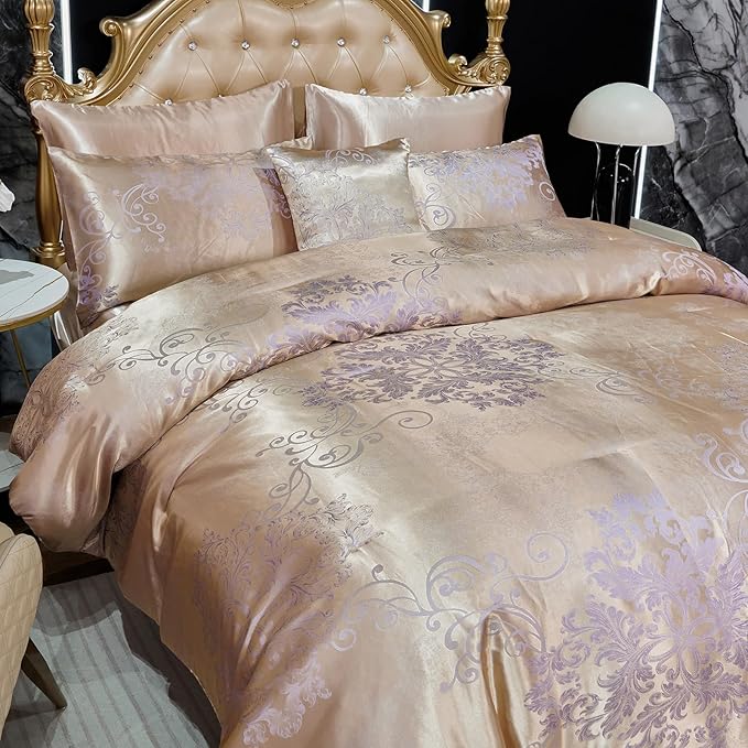 Jacquard Comforter King Gold Bedding with Taupe Satin Sheet Set 8 Pcs Royal Embroidery Neoclassical Floral Home Decor Soft Luxury Hotel Bed in a Bag with 1 Cushion Cover