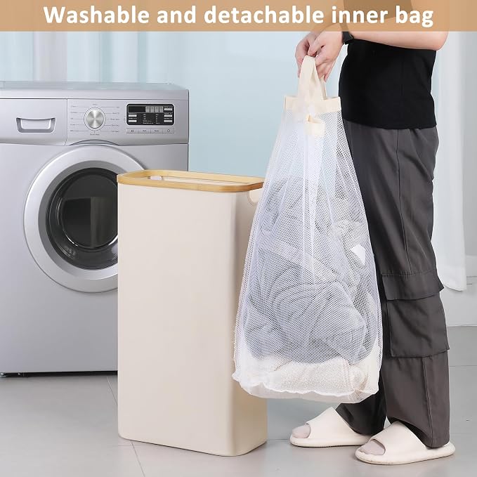 iEGrow 65L Slim Laundry Hamper, Narrow Laundry Basket with Lid,Foldable Clothes Hamper with Bamboo Handles,Hamper Basket with Removable Inner Bag for Laundry Room Bedroom College Dorm,17.17 Gals Beige - Image 5