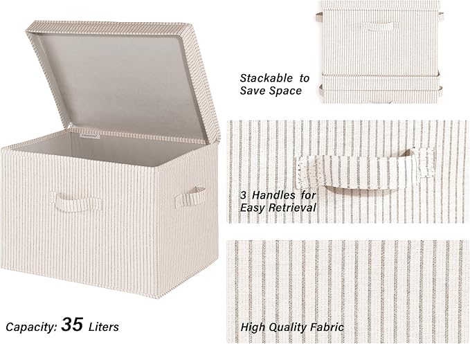 StorageWorks Fabric Storage Bins with Lid, Decorative Storage Boxes for Shelves, Stackable Closet Organizer Basket with Handles, Jumbo, Khaki and Beige Stripes, 2-Pack - Image 3