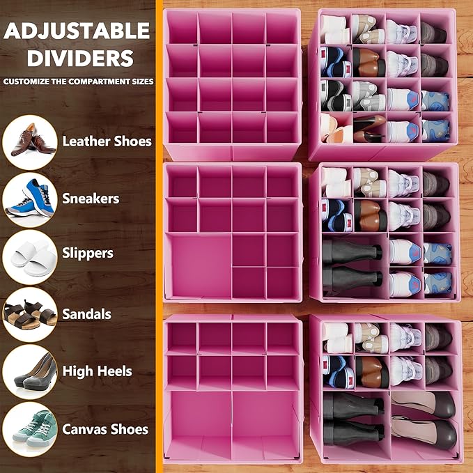 SpaceAid Shoe Organizer for Closet, 2 Pack Foldable Shoe Storage Containers Baskets Boxes Bins w/Adjustable Dividers, Fits 16-32 Pairs, Pink - Image 3