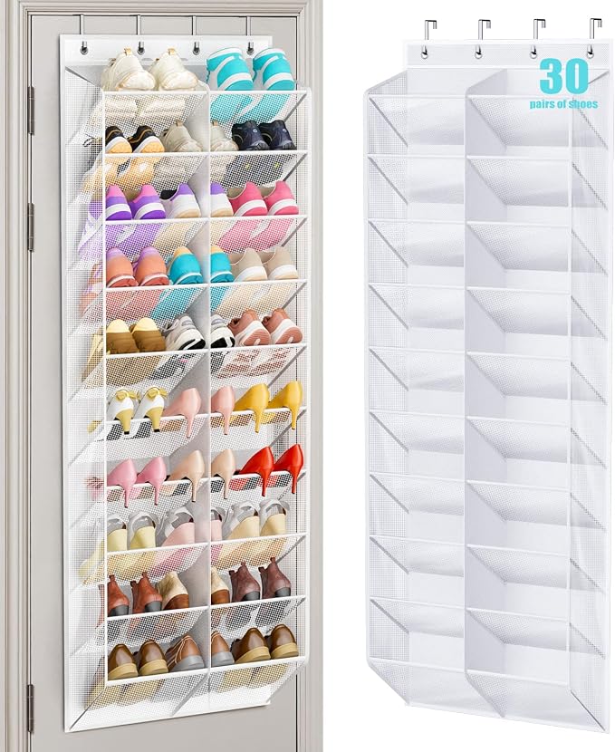MISSLO 30 Pairs Over the Door Shoe Organizer Breathable Mesh Hanging Shoe Rack for Closet Storage with Wide Deep Pockets 10 Tier Shoes Holder Fit All the Family's Sneakers, Boots, Heels (White, 71") by MISSLO