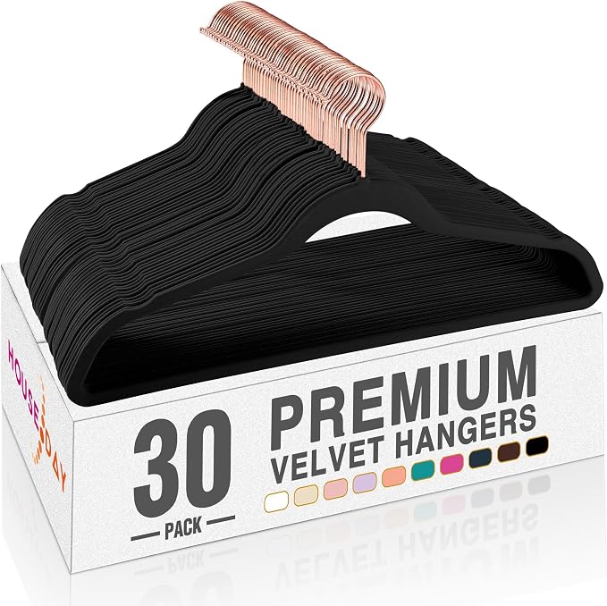 HOUSE DAY Velvet Hangers 30 Pack, Premium Non-Slip Felt Hangers, Sturdy Black Clothes Hanger Heavy Duty, Space Saving Durable Suit Coat Hanger, 360° Rotating Rose Gold Hook by HOUSEDAY