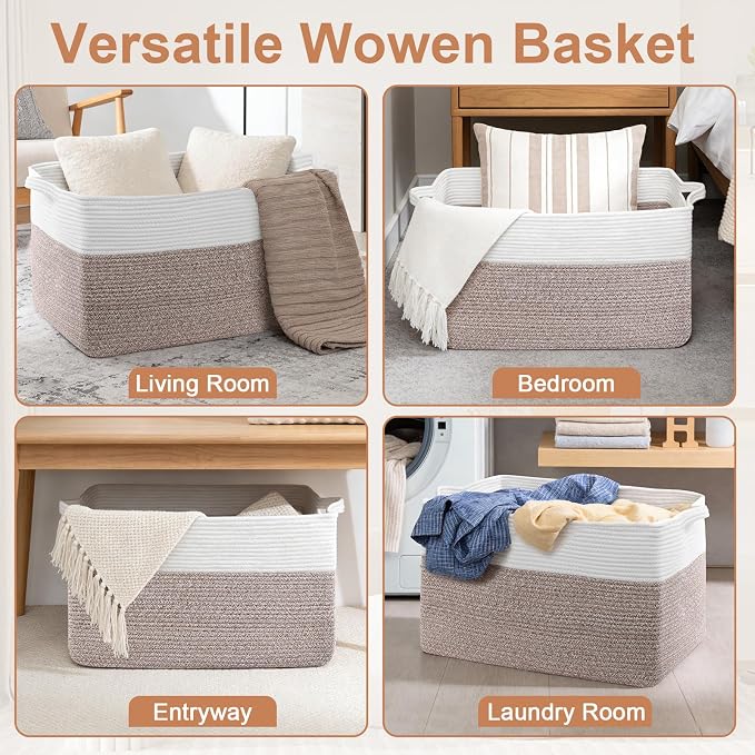 75L Extra Large Blanket Basket for Living Room - Cotton Rope Laundry Hamper Woven Baskets XXL Storage Bin with Handles for Dirty Clothes, Kids, Pets, Toys, Bedroom, 22" x 17" x 12", White & Brown - Image 6