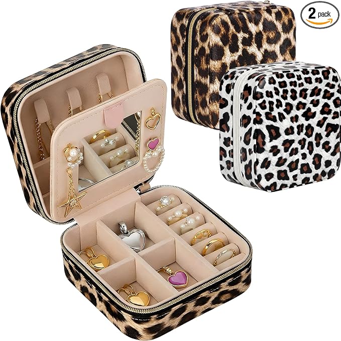 Nosiny 2 Pack Travel Jewelry Case with Mirror Small Laser Jewelry Box Organizer Gifts for Mother's Day Women Rings Earrings(Leopard Print) by Nosiny