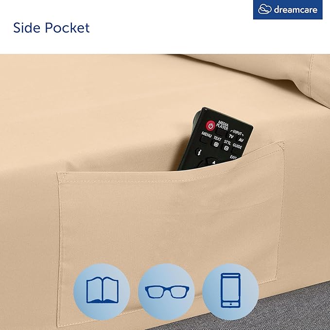 DREAMCARE Queen Size Sheets - Cooling Bed Sheets - 4pcs Set - up to 15" Deep Pocket Queen Sheet Set - Sheets Queen Size Bed - Soft & Long Lasting 100% Fine Brushed Polyester with Side Pocket, Wheat