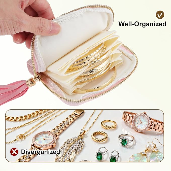 VOCOSTE Travel Jewelry Case, Portable Jewelry Organizer with 6 Independent Layers, Small Pouch Bag for Necklace Bracelet Rings Earring Storage, Women Gift Idea, Pink - Image 5