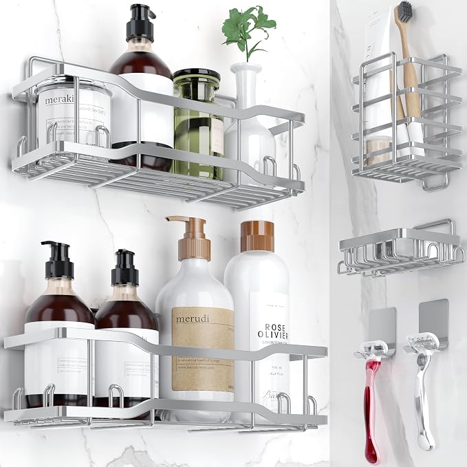 Shower Caddy Bathroom Shelves, The Athena Silken 4 Set, 40LB Capacity, Adhesive Tape No Drill - Rustproof -Gorgeous Powder Coated 304 Stainless Steel Shower Organizer for kitchen & Home Decor - Silver by Tribal+Cooking
