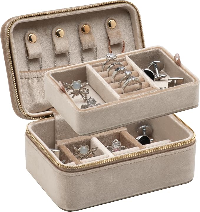 Velvet Travel Jewelry Organizer Box with Zipper Around Portable Accessory Display Tray Holder Storage Case for Multiple Earrings Rings Necklaces Bracelets (Beige) by COWFEX