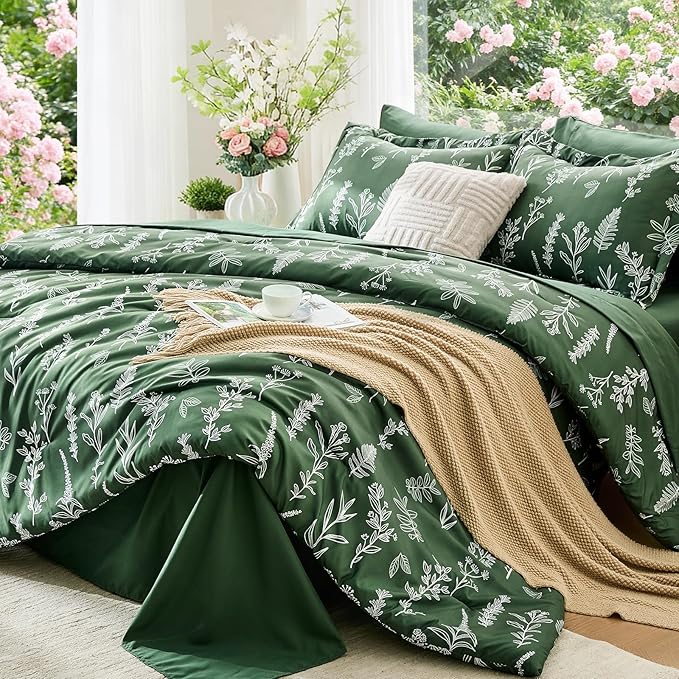 MUXHOMO Dark Green King Comforter Set, Elegant Floral Print Bed in a Bag 7 Pieces, Ultra Soft & Breathable Reversible Botanical Pattern Bedding Set with Comforter, Sheets, Pillowcases, and Shams