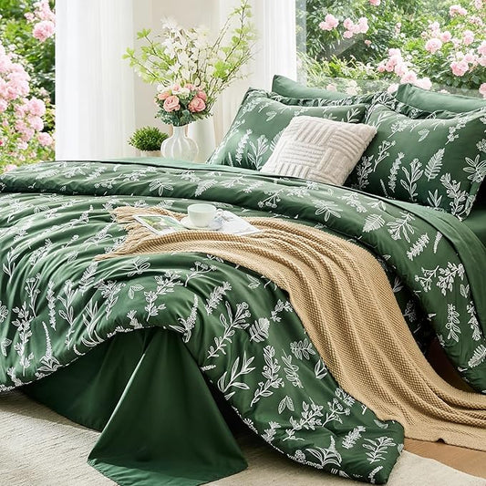 MUXHOMO Dark Green King Comforter Set, Elegant Floral Print Bed in a Bag 7 Pieces, Ultra Soft & Breathable Reversible Botanical Pattern Bedding Set with Comforter, Sheets, Pillowcases, and Shams