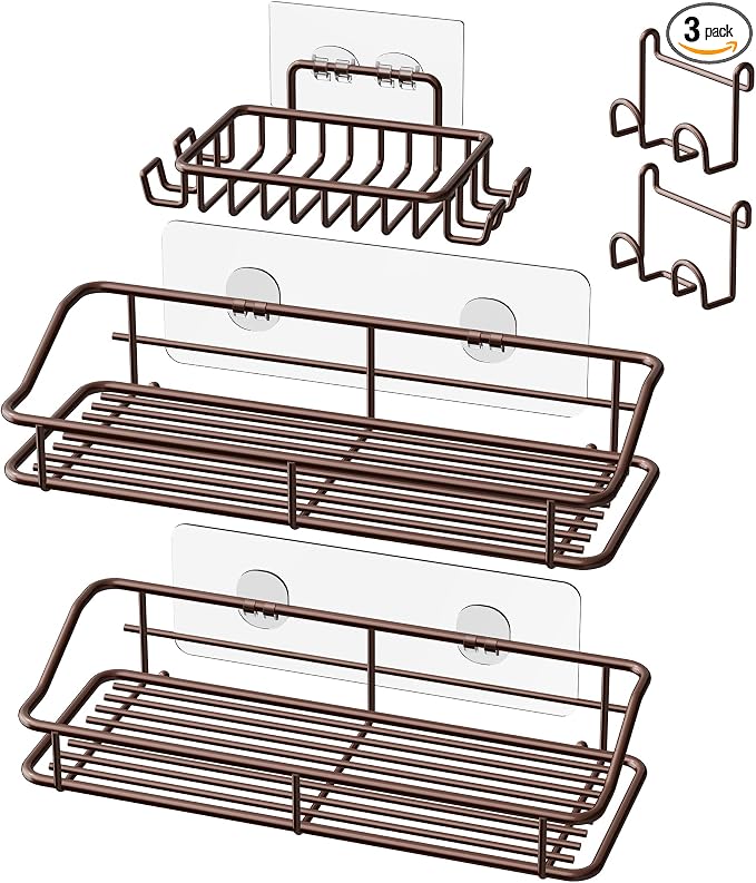 Nieifi Shower Caddy Shelf with Hooks Storage Rack Organizer Adhesive Stainless Steel without Drilling for Bathroom, Lavatory, Washroom, Restroom, Shower, Toilet, Kitchen (Brown, 3 Pack) by Nieifi