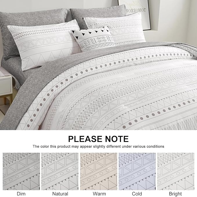 WONGS BEDDING Boho Comforter Set King Size,7 Pieces Grey White Geometric Bohemian Bed in a Bag Comforter Complete Striped Bedding Set for All Season with Sheets,Pillowcases & Shams Soft Microfiber