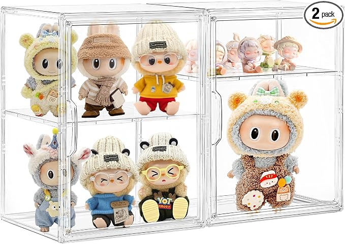Acrylic Display Case for Collectibles, Clear Storage Bin with 3 Adjustable Layers and1 Removable Divider, Stackable Clear Storage Box with Magnetic Door for Figures, Home or Office,Large,2Pack by Attelite
