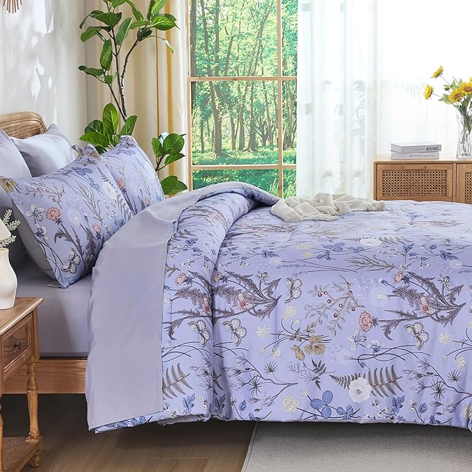Yiran Queen Comforter Set 7 Piece, Purple Floral Bedding Set, Bed in a Bag Queen Size with Botanical Flowers Spring, Soft Lightweight Lavender Comforters with Sheets Complete for All Season