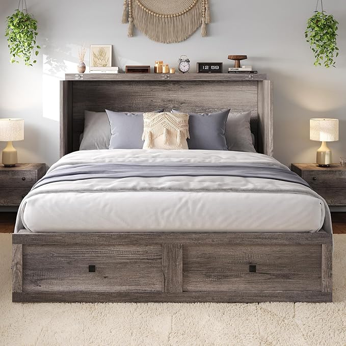 LUXOAK Full Murphy Bed Cabinet with Charging Station, Foldable Platform Bed Frame with Drawer, Space-Saving Guest Bed for Home Office or Small Spaces, Rustic Grey