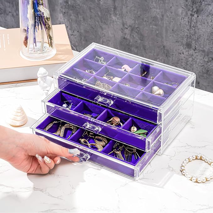 ProCase Earring Holder Organizer Jewelry Box with 3 Drawers, Acrylic Clear Earring Case with Adjustable Velvet Trays for Women - Purple, 3 Layers - Image 3