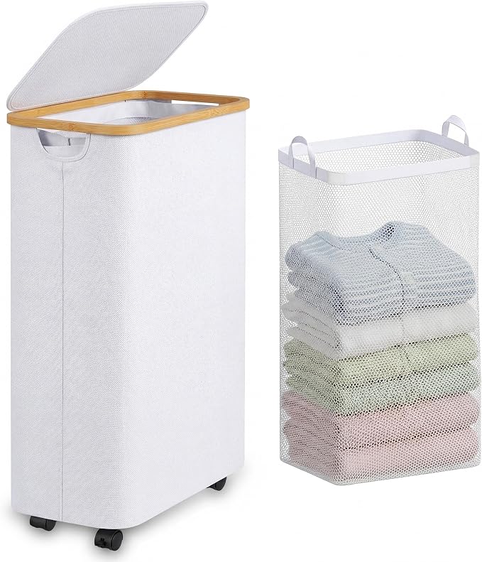 Laundry Basket with Wheels, 75L Clothes Hamper for Laundry, Laundry Hamper with Lid and Inner Bag, for Laundry Room, Bedroom, Dormitory Storage,White by iEGrow