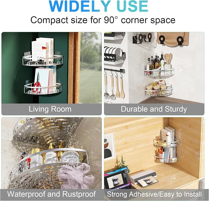 Corner Shower Caddy, 2 Pack Adhesive Bathroom Shower Corner Organizer Shelf, No Drilling Rustproof Wall Mounted Shower Storage Rack Shampoo Holder Organizer (Silver) - Image 9