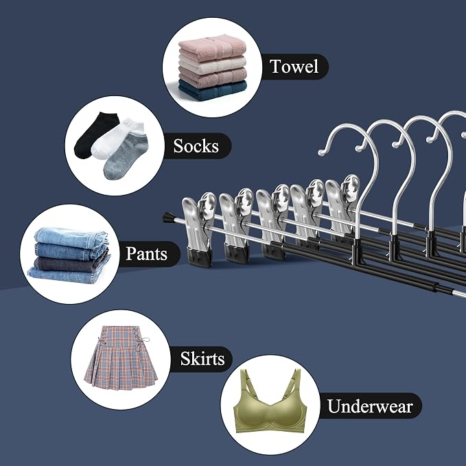 Pants Hangers with Clips 20 Pack 16Inch Adjustable Skirt Hanger for Women Non-Slip Trousers Hanger for Jeans Clothes Hangers for Pants Heavy Duty Space Saving Shorts Hangers,Black - Image 5