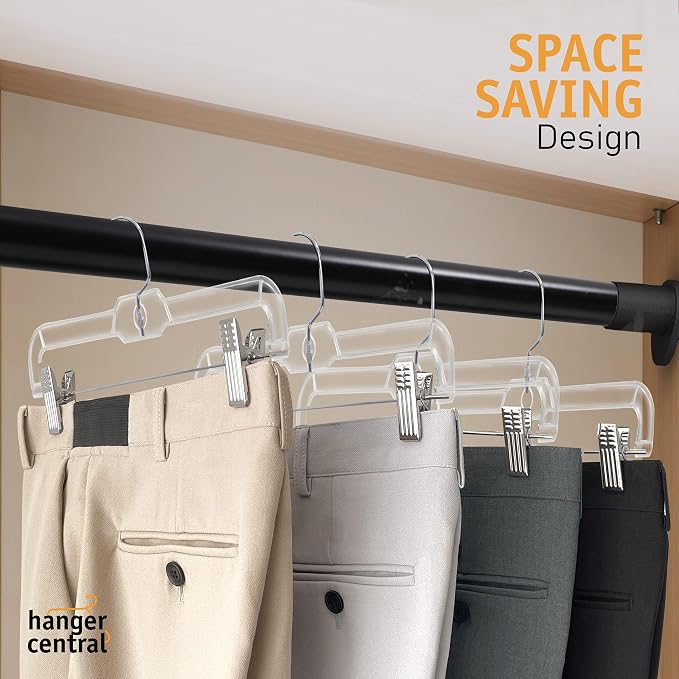 Hanger Central Premium 14 Inch Clear Pants Hangers with Adjustable Clips - 25 Pack Space-Saving Skirt Hangers - Non-Slip Heavy Duty Plastic Closet Organizers with 360° Swivel Hook - Image 2