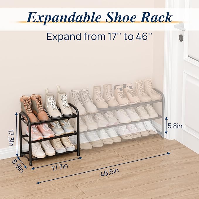 ENJOYBASICS 3 Tier Expandable Shoe Rack for Closet, Free Standing Metal Shoe Shelf Storage Organizer Holder 18 Pairs, Adjustable Width Shoe Rack for Entryway Small Space, Black - Image 2