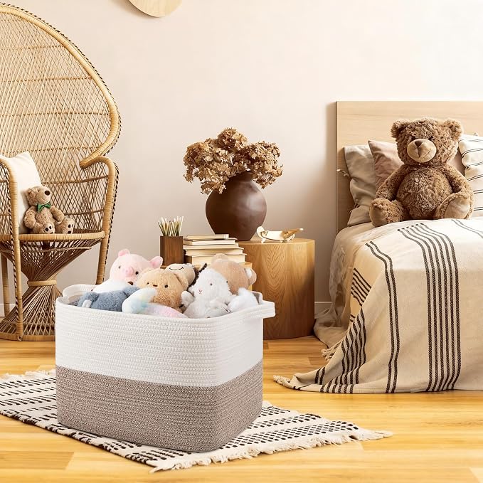 OIAHOMY Woven Storage Basket for Shelves, Rectangle Cotton Rope Baskets for Organizing, 16.5 x 13 x 11.8 in, Storage Bins for Dog Toys,Towel,Books,Gift,Brown and White - Image 4