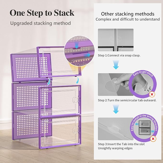 Kuject X-Large Shoe Storage Boxes Organizers Clear Plastic Stackable 12 Pack, Shoe Rack & Holder Substitute, Sneaker Containers, Toy Storage Organizer Bins for Entryway, Closet, Under Bed, Purple - Image 4