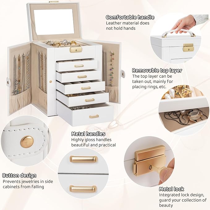 AKOZLIN 6-Tier Jewelry Box Lockable Leather Jewelry Storage Case with 5 Drawers for Women Girls Ring Necklace Earring Bracelet Holder Organizer with Mirror - Image 4