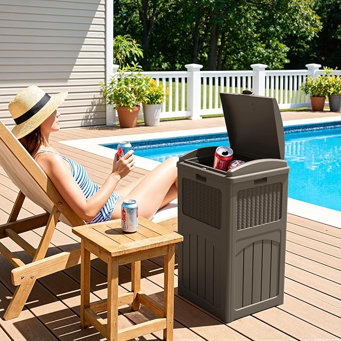 Greesum 33 Gallon Outdoor Trash Can with Lid, Waterproof Resin Garbage Bin for Hideaway, Deck, Patio, Brown - Image 6