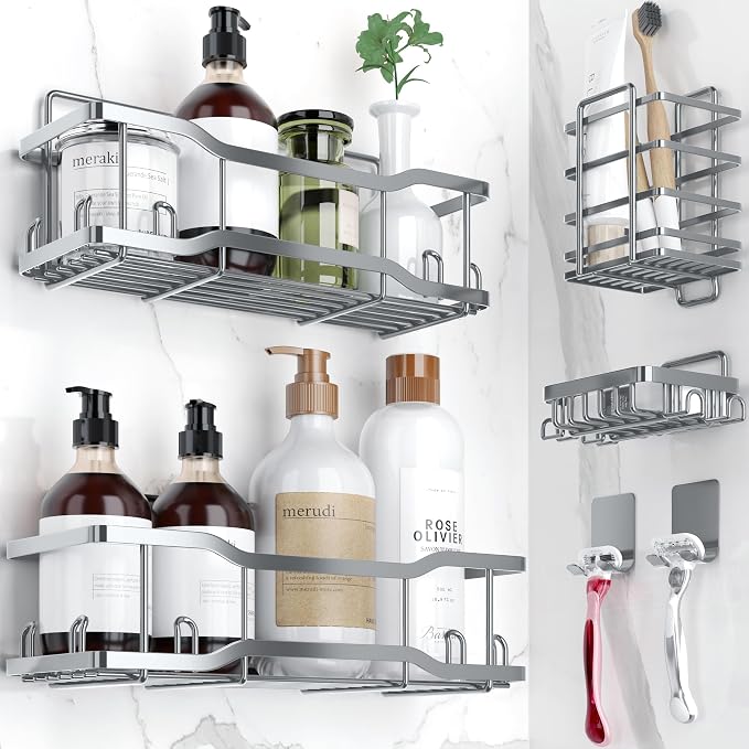 Shower Caddy Bathroom Shelves, The Athena Silken 4 Set, 40LB Capacity, Adhesive Tape - No Drill - Rustproof -Gorgeous Powder Coated 304 Stainless Steel Shower Organizer for kitchen & Home Decor - Grey by Tribal+Cooking