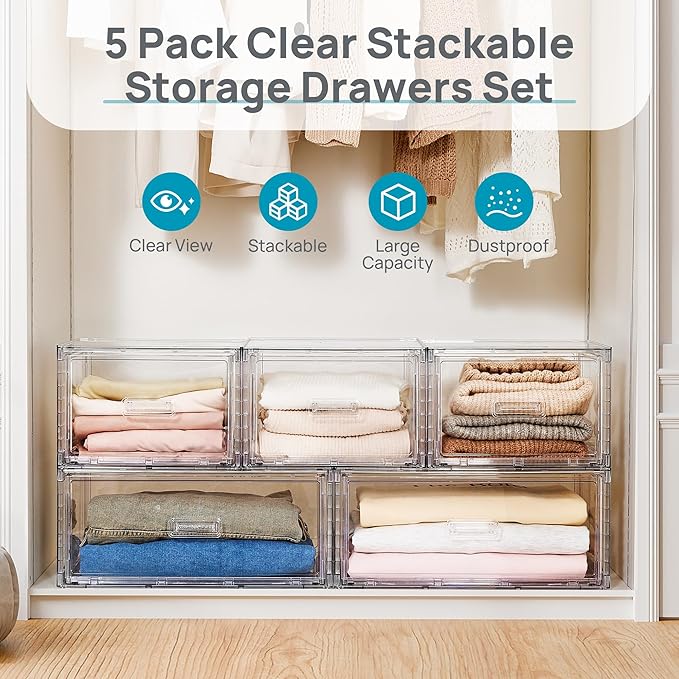 Vtopmart 5 Pack Large & Medium Stackable Drawer Organizer Set, 108QT Easy Assembly Clear Plastic Storage Cabinet, Durable Dresser for Closet, Bedroom, Entryway, Playroom & Apartment Organization - Image 3