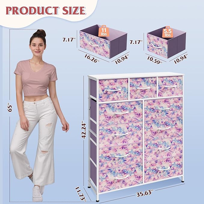 WLIVE Storage Organizer Unit with 11 Fabric Bins, Storage Drawers Organizer with Steel Frame, Tall Storage Tower Organizaton for Living Room, Hallway, Office, Tie-dye Print (Pink, Purple, Blue) - Image 3