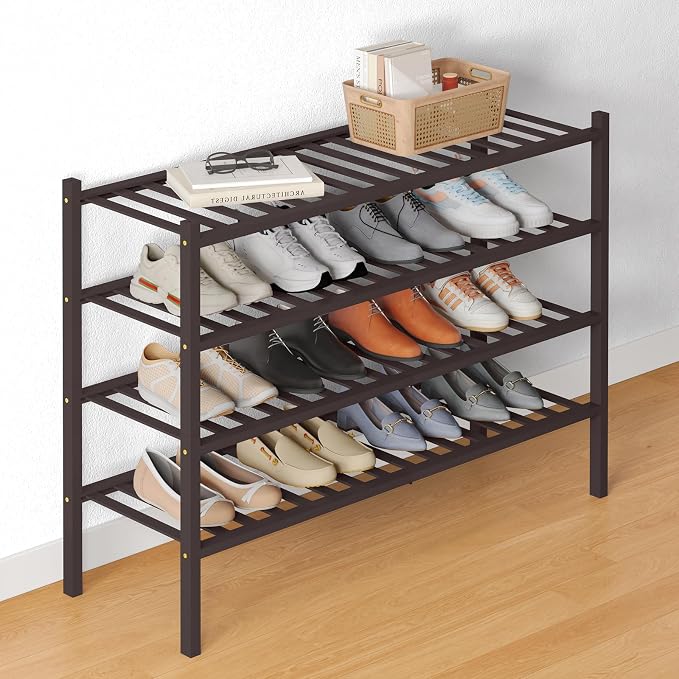Smiry Bamboo Shoe Rack for Closet, 4 Tier Long Wooden Stackable Shoe Organizer, Free Standing Shoes Storage Shelf for Entryway, Front Door Entrance, Brown by Smiry