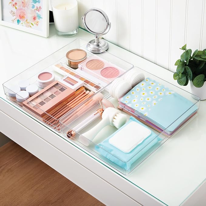 STORi SimpleSort 2-Piece Stackable Clear Drawer Organizer Set | 15" x 6" x 2" Rectangle Trays | Wide Makeup Vanity Storage Bins and Office Desk Drawer Dividers | Made in USA - Image 7