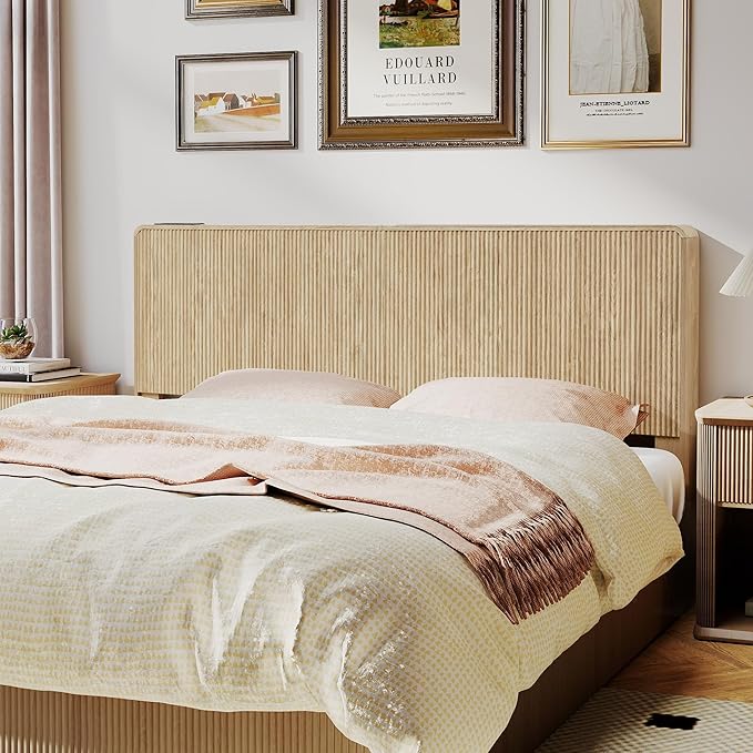 AVZEAR Fluted Headboard King Size, Wood Wall Mounted Headboard Modern Boho King Headboard Only with 2 Outlets and USB & Type C Port, Curved Wooden Bed Headboards, Stylish Bedroom Decor, Natural