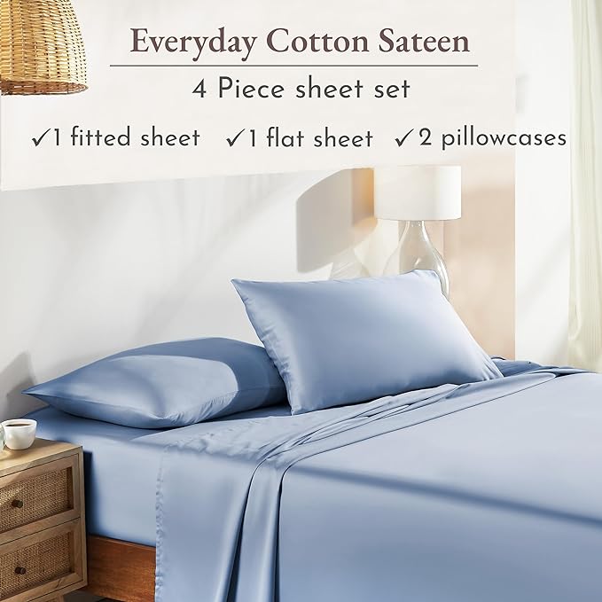 California Design Den Natural 100% Cotton Sheets Full Size Bed Set with Deep Pockets - Soft Sateen Weave, Durable Full Size Bed Sheets (Blue Hydrangea)