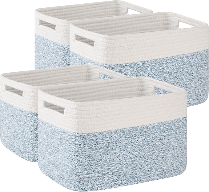 OIAHOMY 4 Pack Storage Baskets for Organizing, Basket for Shelves with Handle, Woven Baskets for Storage Toys, Towels, Books, Cotton Rope Basket 13" L x 9 " W x 7.8 " H, Light Blue & White by MasterofSpaceOptimization